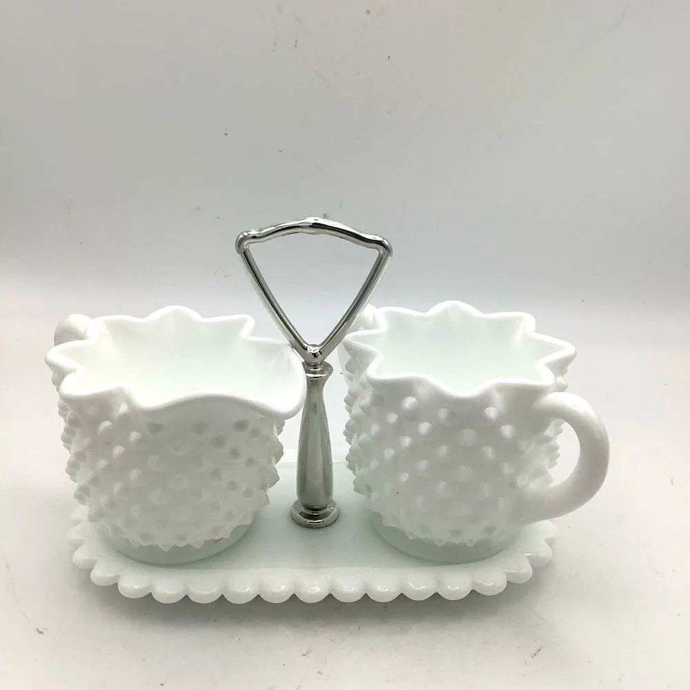 White Hobnail Milk Glass Creamer and Sugar Set
